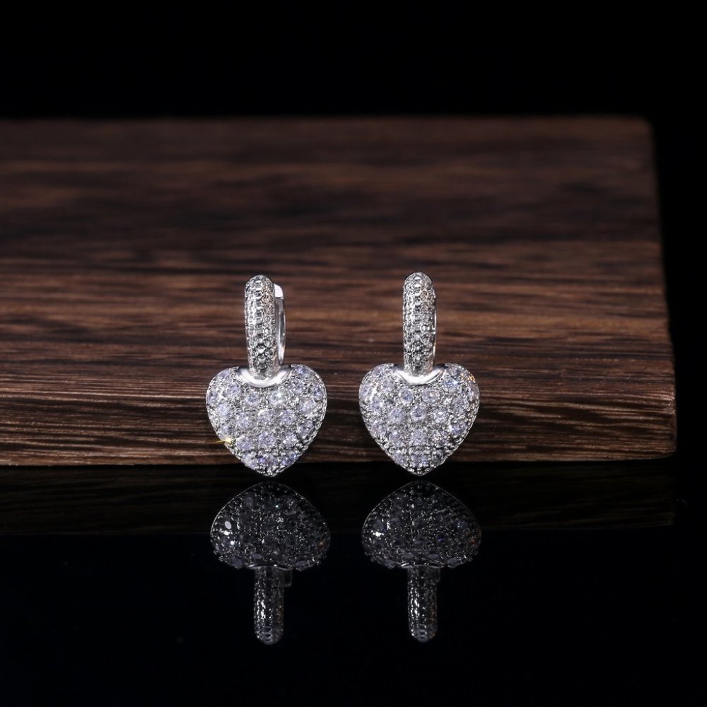 NEW Silver Pave Diamond Heart Huggie Hoop Earrings - Picture 5 of 5